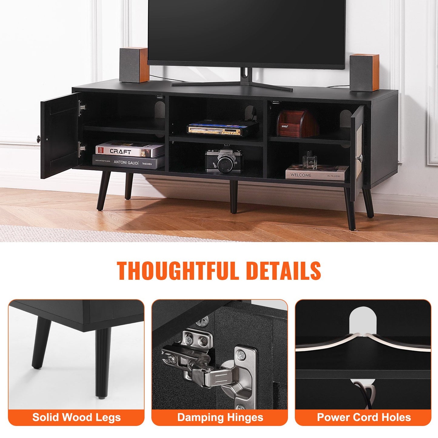 VEVOR Rattan TV Stand, Boho TV Cabinet for 55 inch TV, Mid Century Modern TV Stand,