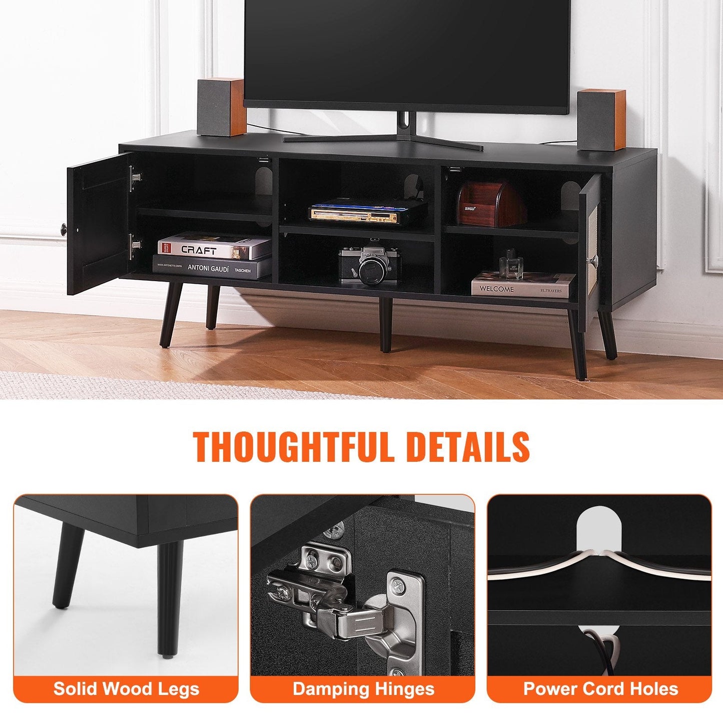 Boho Rattan TV Cabinet for 1.4m TV, Mid-Century Modern Stand with Adjustable Shelves