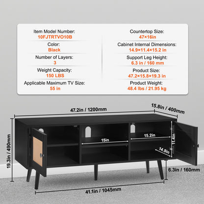 VEVOR Rattan TV Stand, Boho TV Cabinet for 55 inch TV, Mid Century Modern TV Stand,