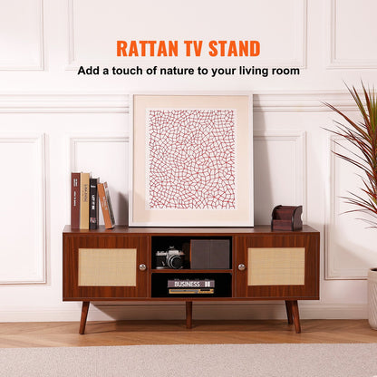 VEVOR Rattan TV Stand, Boho TV Cabinet for 55 inch TV, Mid Century Modern TV Stand,