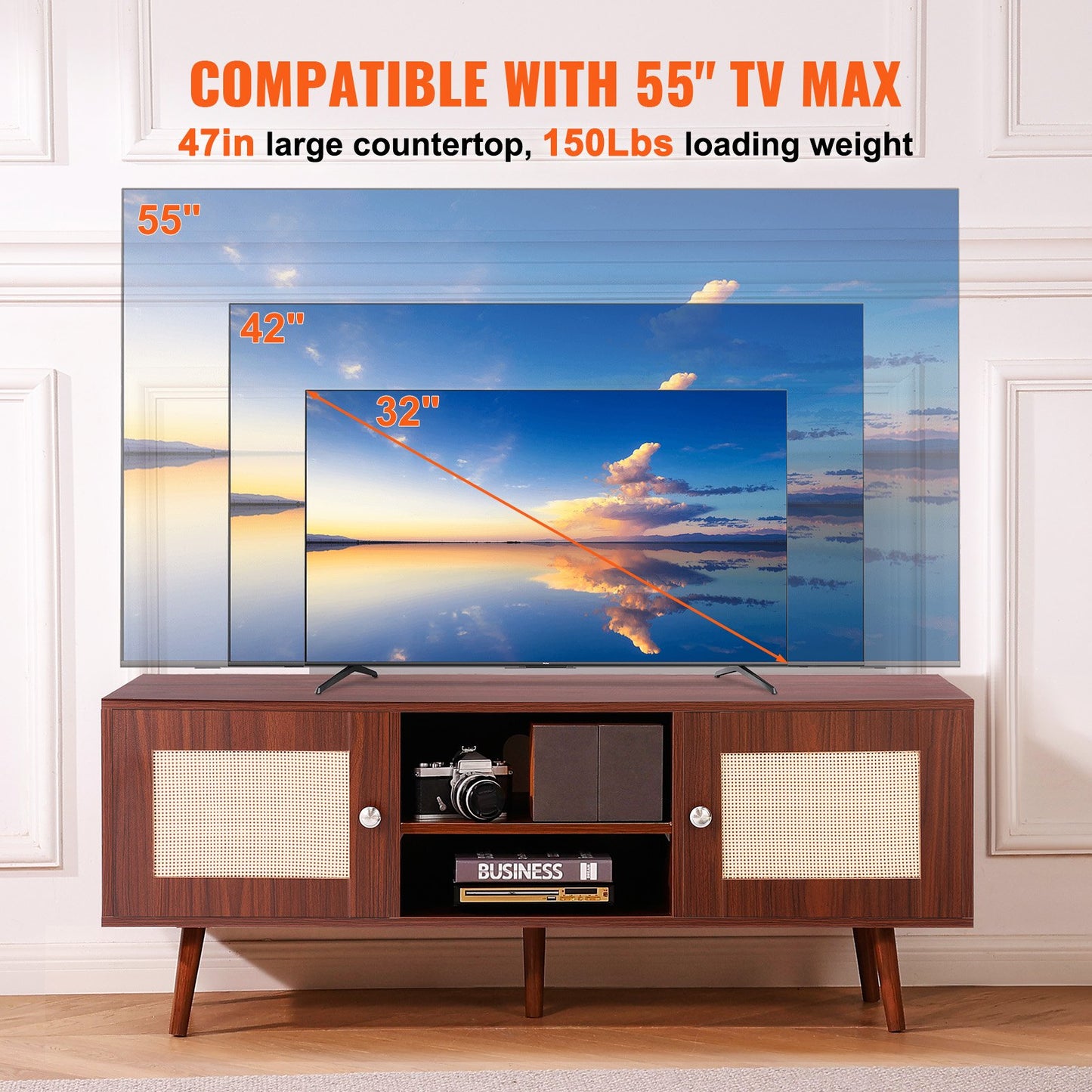 VEVOR Rattan TV Stand, Boho TV Cabinet for 55 inch TV, Mid Century Modern TV Stand,