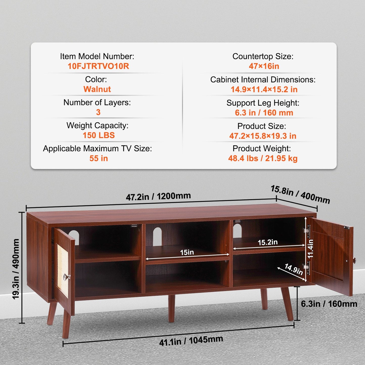 VEVOR Rattan TV Stand, Boho TV Cabinet for 55 inch TV, Mid Century Modern TV Stand,