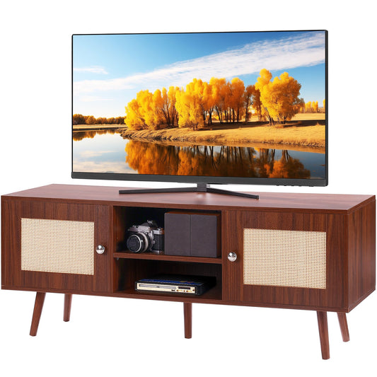 VEVOR Rattan TV Stand, Boho TV Cabinet for 55 inch TV, Mid Century Modern TV Stand,