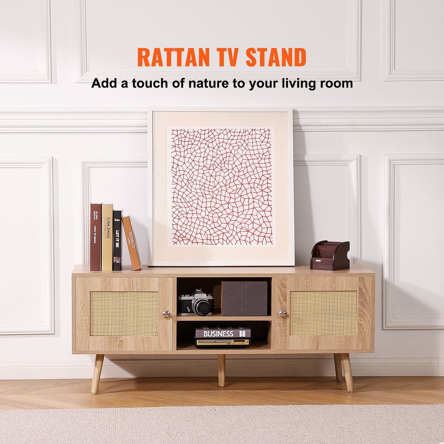 VEVOR Rattan TV Stand, Boho TV Cabinet for 55 inch TV, Mid Century Modern TV Stand,