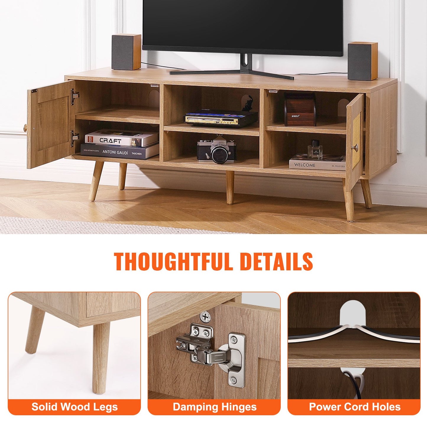 VEVOR Rattan TV Stand, Boho TV Cabinet for 55 inch TV, Mid Century Modern TV Stand,