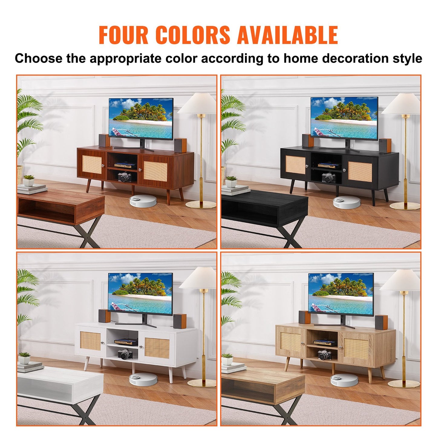 VEVOR Rattan TV Stand, Boho TV Cabinet for 55 inch TV, Mid Century Modern TV Stand,