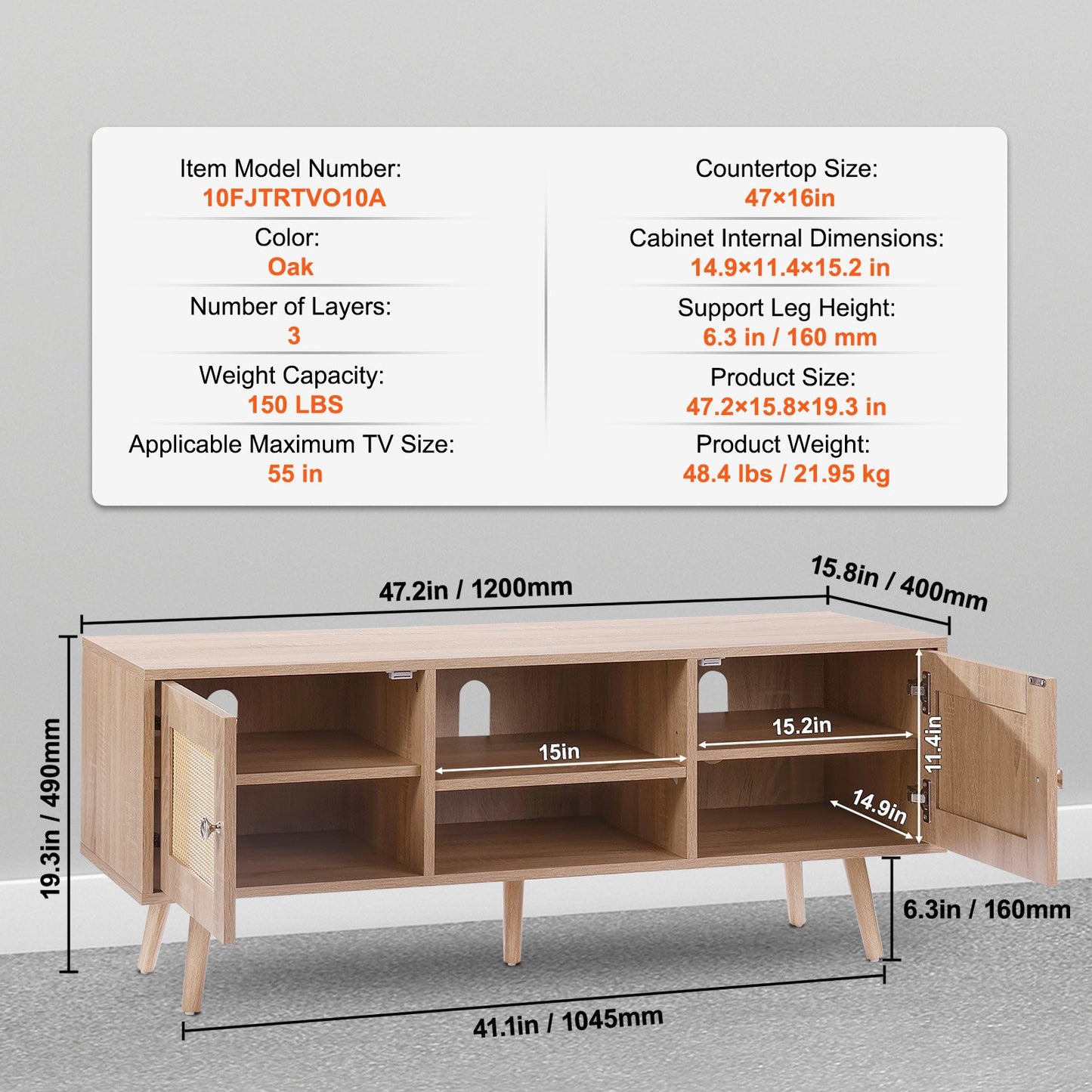 VEVOR Rattan TV Stand, Boho TV Cabinet for 55 inch TV, Mid Century Modern TV Stand,