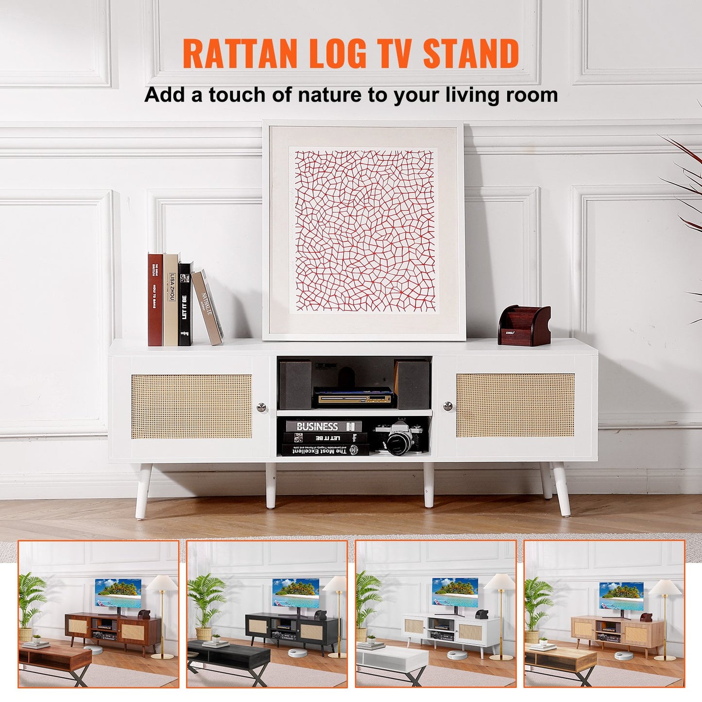 VEVOR Rattan TV Stand for 65 inch TV, Boho TV Stand with Rattan Door, Entertainment