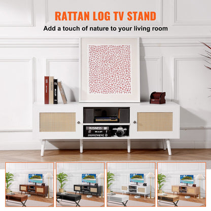 VEVOR Rattan TV Stand for 65 inch TV, Boho TV Stand with Rattan Door, Entertainment