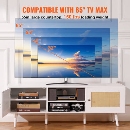 VEVOR Rattan TV Stand for 65 inch TV, Boho TV Stand with Rattan Door, Entertainment