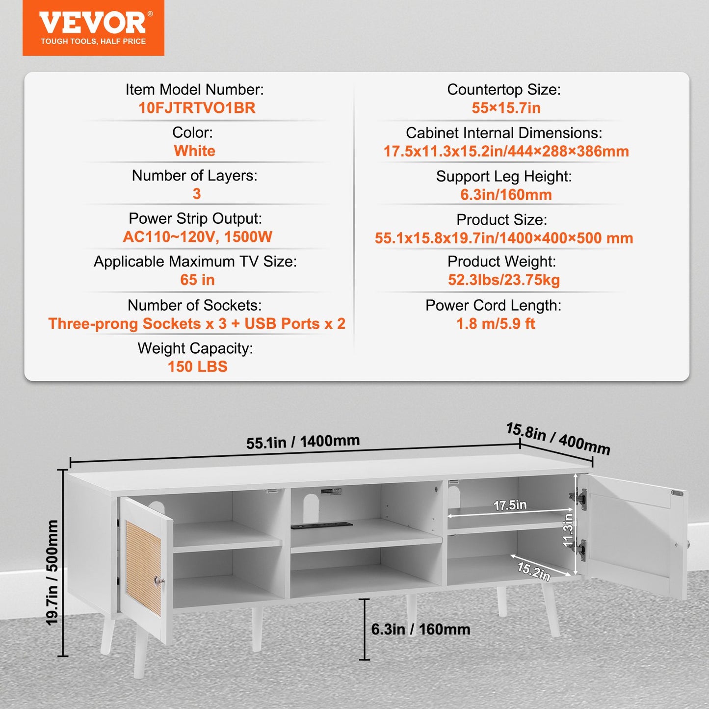 VEVOR Rattan TV Stand for 65 inch TV, Boho TV Stand with Rattan Door, Entertainment
