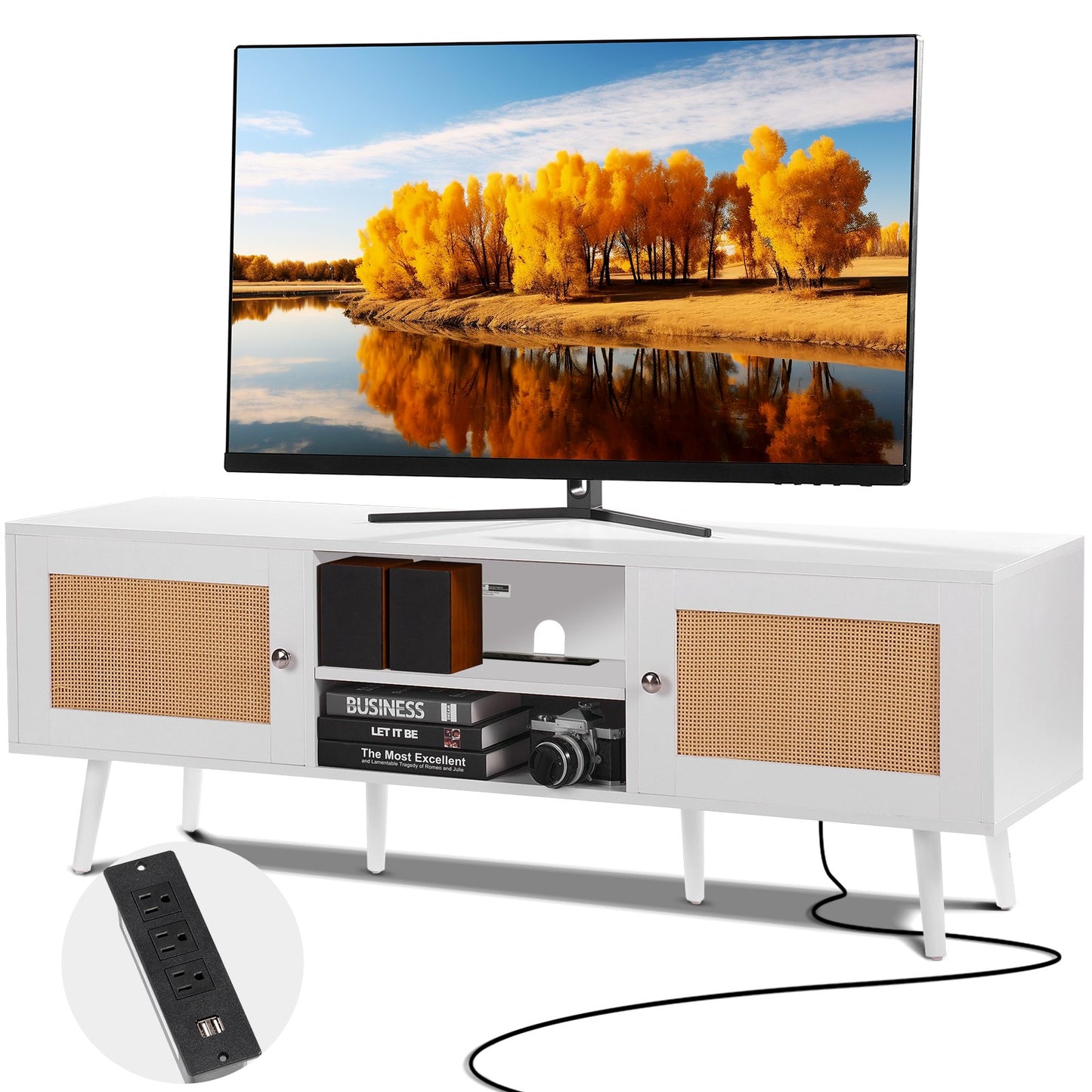 VEVOR Rattan TV Stand for 65 inch TV, Boho TV Stand with Rattan Door, Entertainment