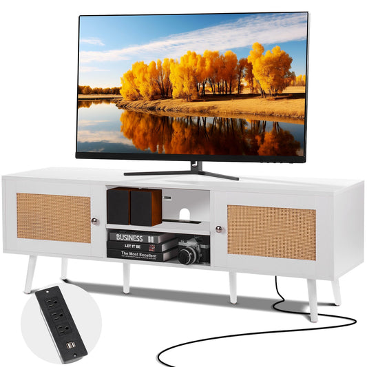VEVOR Rattan TV Stand for 65 inch TV, Boho TV Stand with Rattan Door, Entertainment