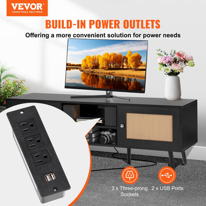 VEVOR Rattan TV Stand for 65 inch TV, Boho TV Stand with Rattan Door, Entertainment