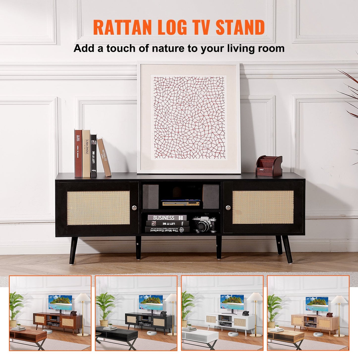VEVOR Rattan TV Stand for 65 inch TV, Boho TV Stand with Rattan Door, Entertainment