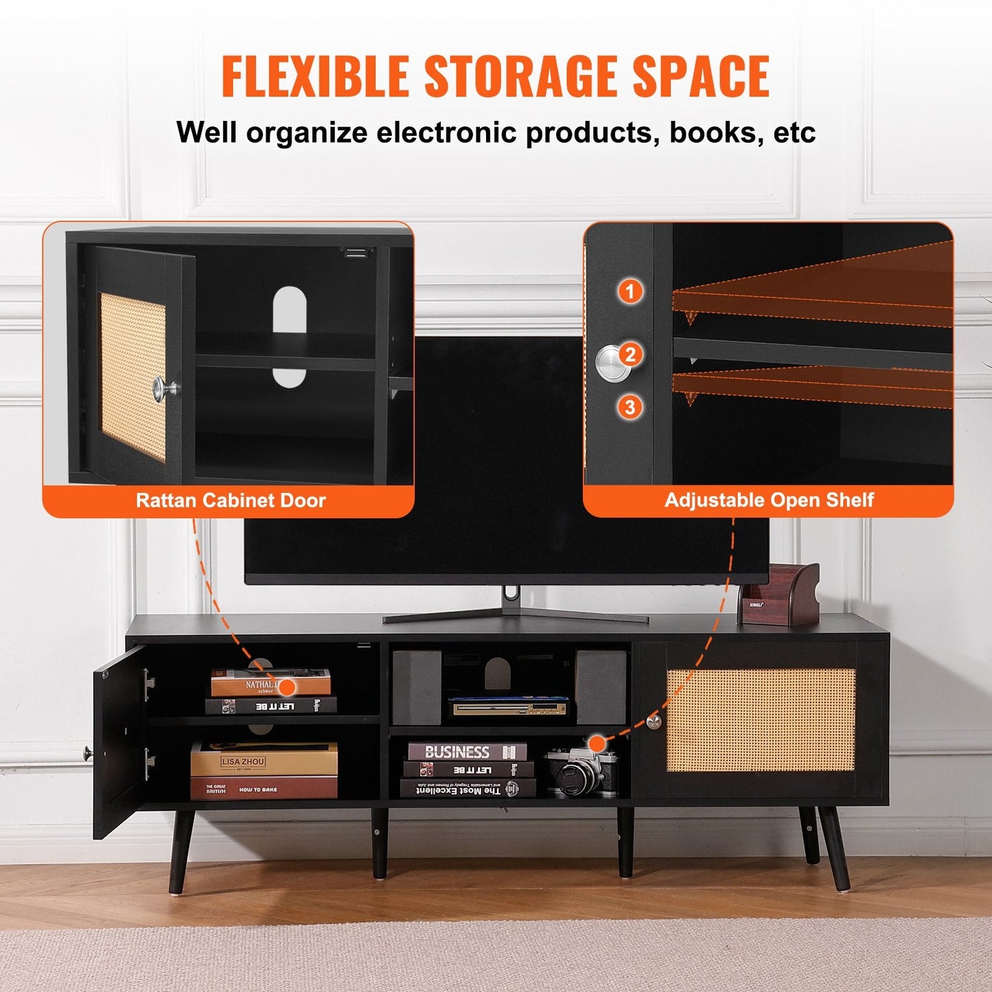 Modern Boho Rattan TV Stand for 1.65m TV with USB Ports and Storage, Black