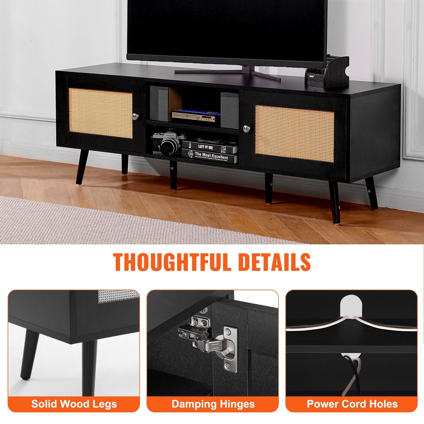 Modern Boho Rattan TV Stand for 1.65m TV with USB Ports and Storage, Black