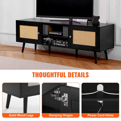 Modern Boho Rattan TV Stand for 1.65m TV with USB Ports and Storage, Black