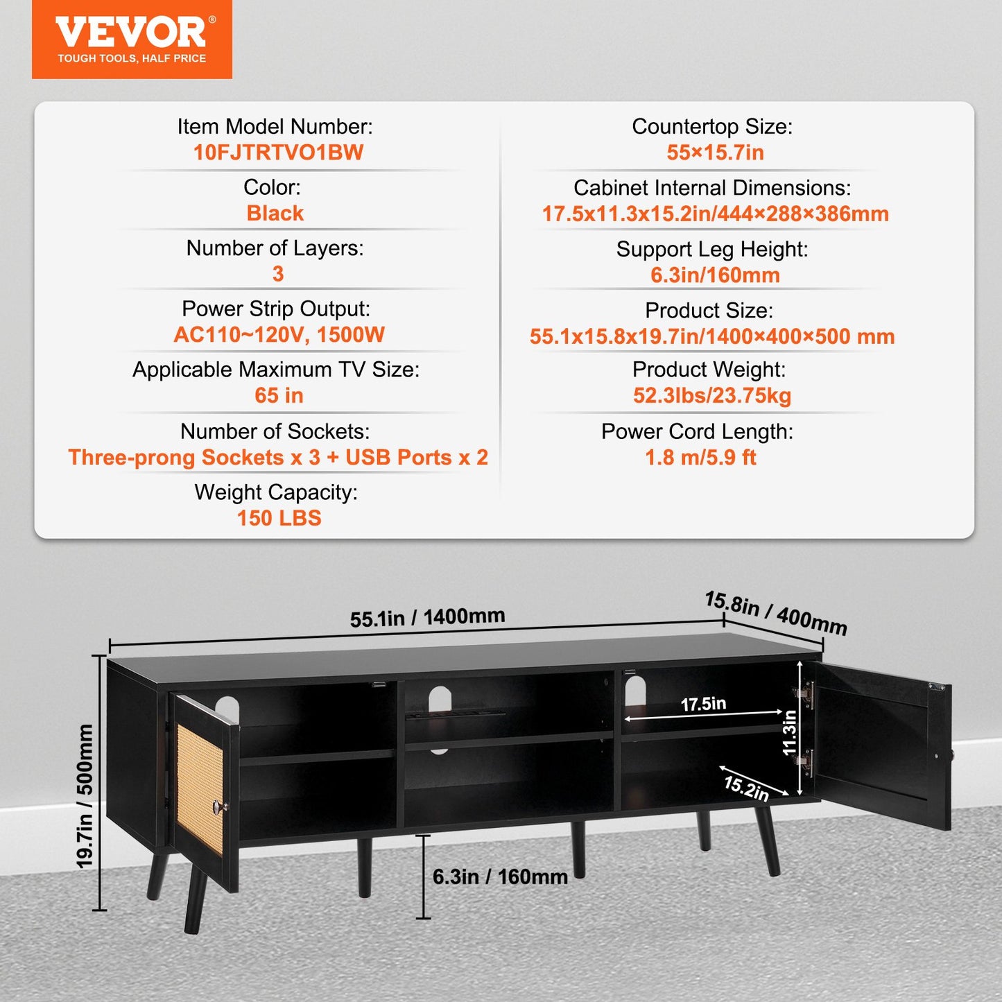 VEVOR Rattan TV Stand for 65 inch TV, Boho TV Stand with Rattan Door, Entertainment