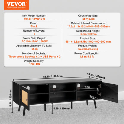 VEVOR Rattan TV Stand for 65 inch TV, Boho TV Stand with Rattan Door, Entertainment