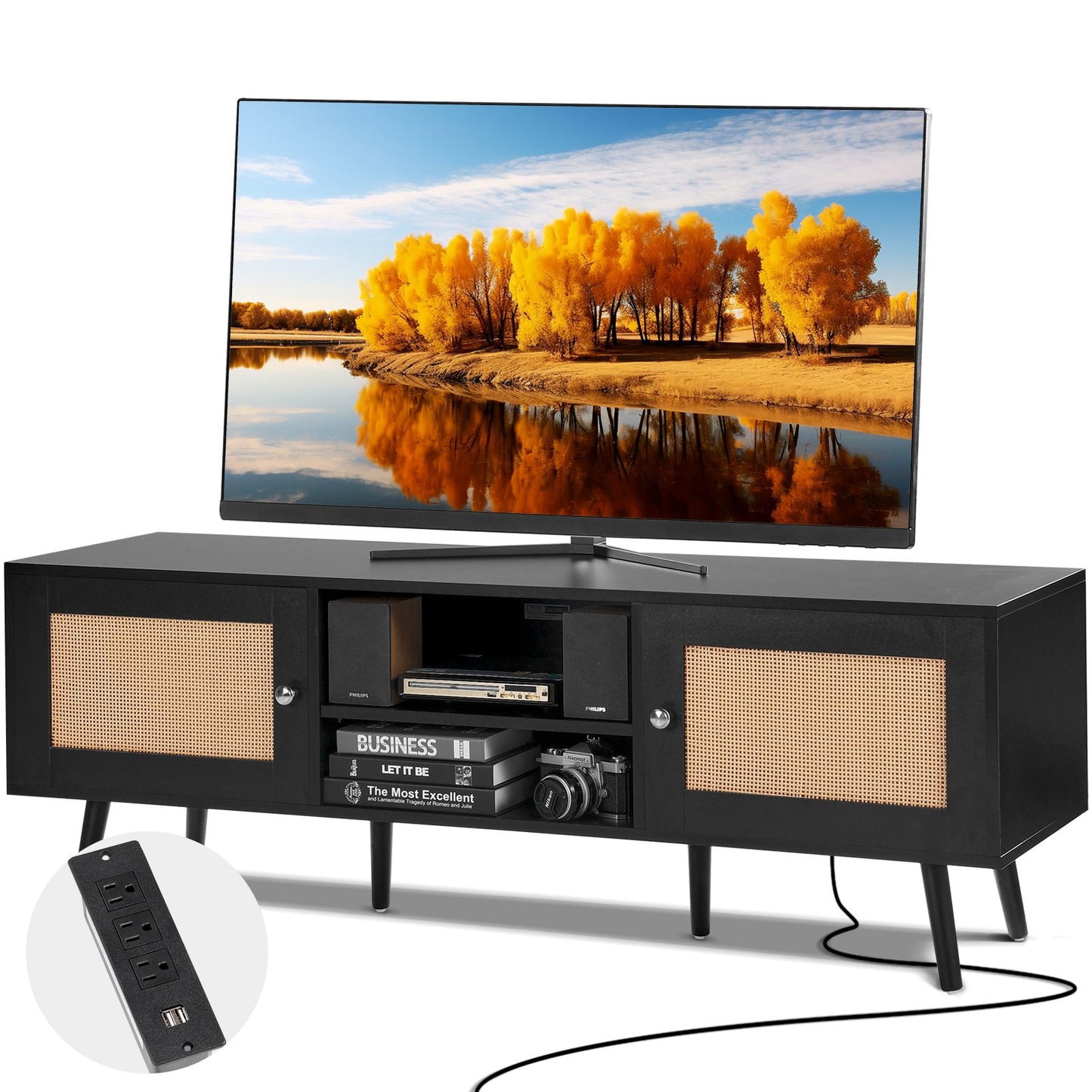 VEVOR Rattan TV Stand for 65 inch TV, Boho TV Stand with Rattan Door, Entertainment