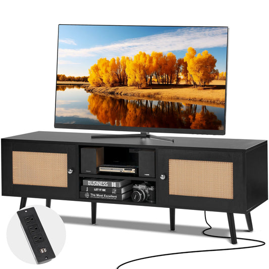 VEVOR Rattan TV Stand for 65 inch TV, Boho TV Stand with Rattan Door, Entertainment