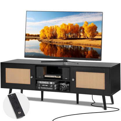 Modern Boho Rattan TV Stand for 1.65m TV with USB Ports and Storage, Black
