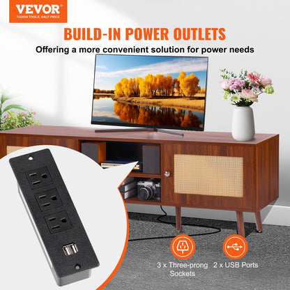 Mid-Century Modern Rattan TV Stand for 1.65m TV with USB Ports and Storage