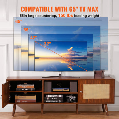 Mid-Century Modern Rattan TV Stand for 1.65m TV with USB Ports and Storage