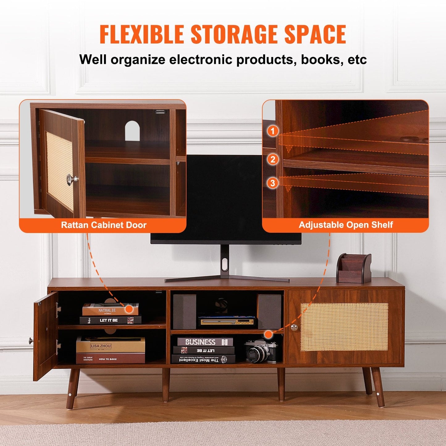 Mid-Century Modern Rattan TV Stand for 1.65m TV with USB Ports and Storage
