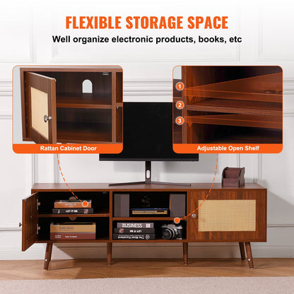 Mid-Century Modern Rattan TV Stand for 1.65m TV with USB Ports and Storage