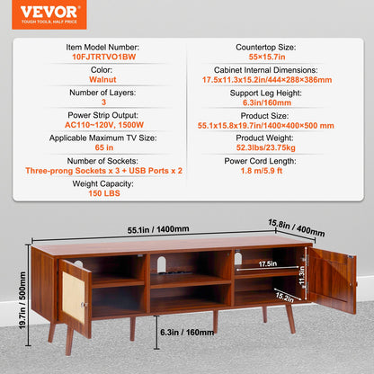 VEVOR Rattan TV Stand, Mid Century Modern TV Stand for 65 inch TV, Boho Rattan TV