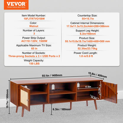 Mid-Century Modern Rattan TV Stand for 1.65m TV with USB Ports and Storage