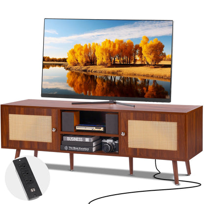 Mid-Century Modern Rattan TV Stand for 1.65m TV with USB Ports and Storage