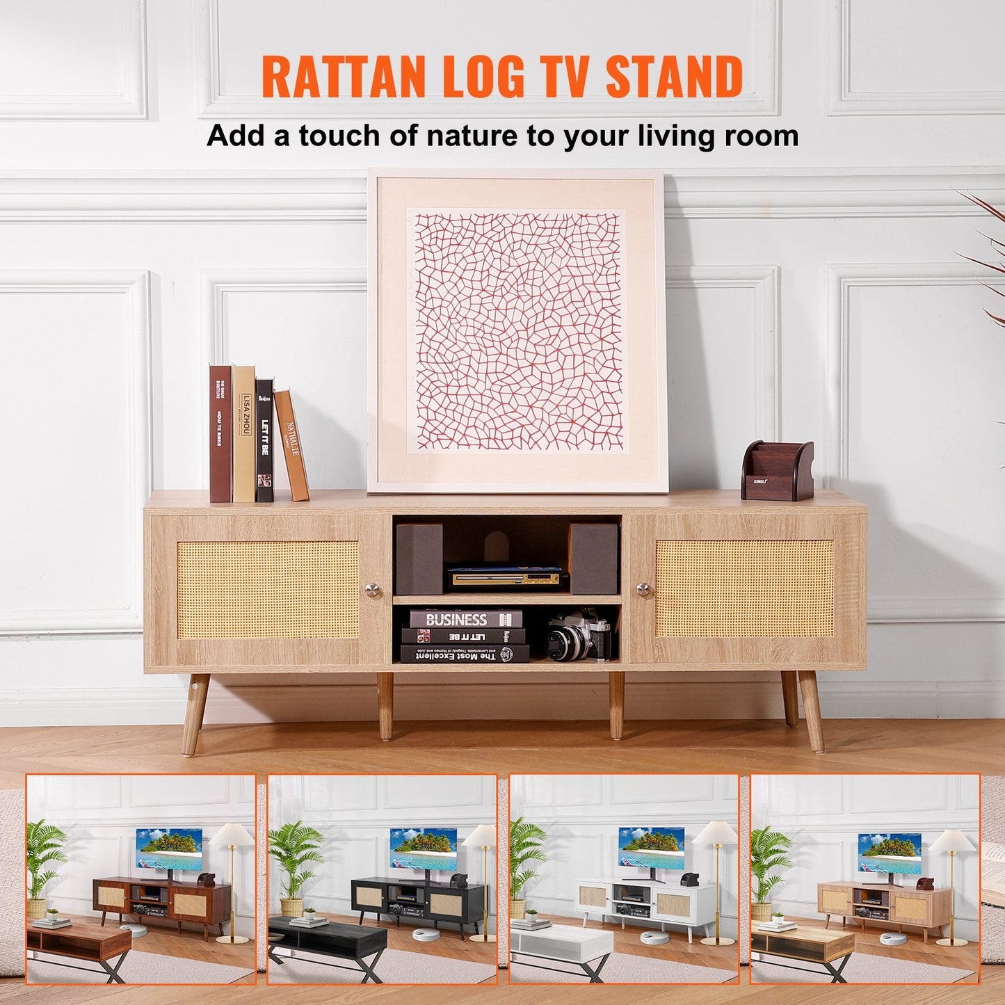 Boho Rattan TV Cabinet with USB Ports for 1.65m TV, Adjustable Shelves