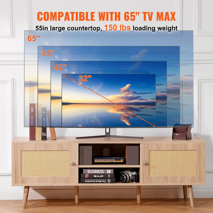 Boho Rattan TV Cabinet with USB Ports for 1.65m TV, Adjustable Shelves