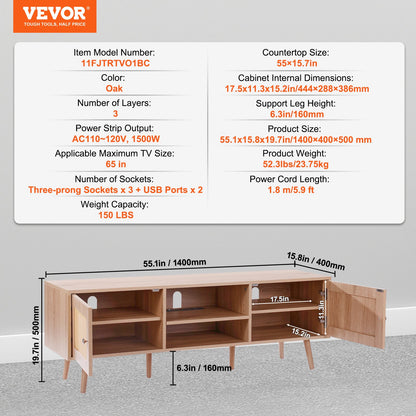 VEVOR Rattan TV Stand, Mid Century Modern TV Stand for 65 inch TV, Boho Rattan TV