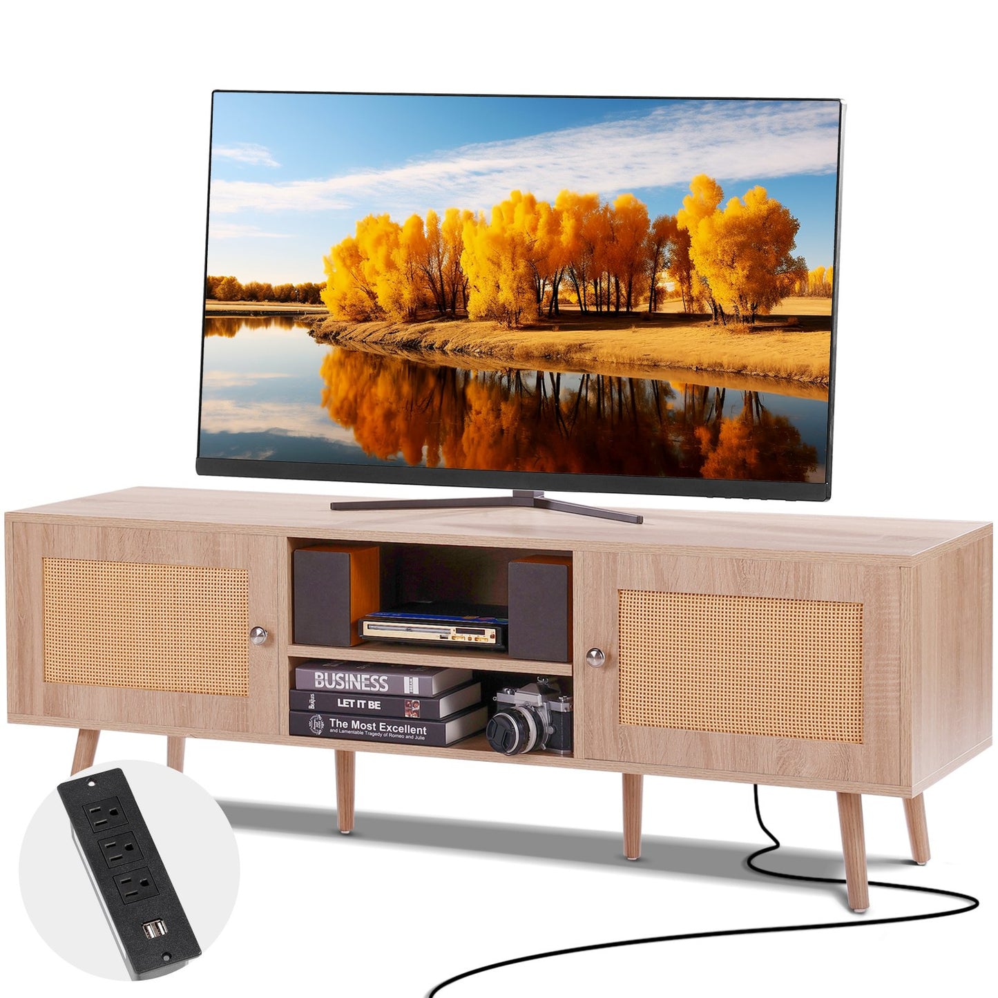 VEVOR Rattan TV Stand, Mid Century Modern TV Stand for 65 inch TV, Boho Rattan TV