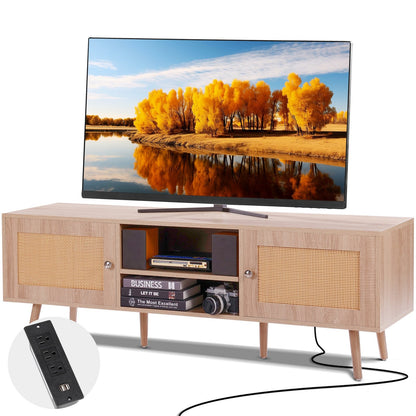 Boho Rattan TV Cabinet with USB Ports for 1.65m TV, Adjustable Shelves