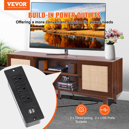 Rattan TV Stand for 75" TV with Built-in Socket, Walnut Finish, 3-Layer Storage