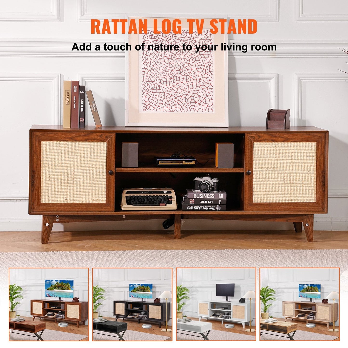Rattan TV Stand for 75" TV with Built-in Socket, Walnut Finish, 3-Layer Storage