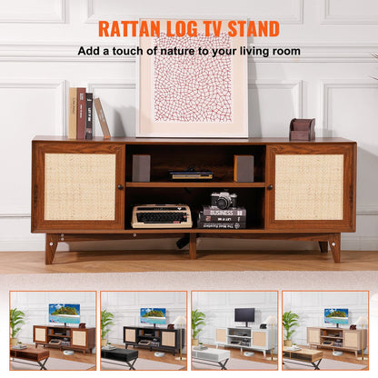 Rattan TV Stand for 75" TV with Built-in Socket, Walnut Finish, 3-Layer Storage
