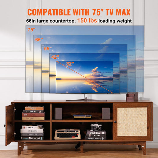 Rattan TV Stand for 75" TV with Built-in Socket, Walnut Finish, 3-Layer Storage