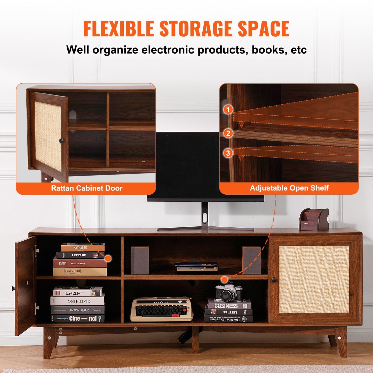 Rattan TV Stand for 75" TV with Built-in Socket, Walnut Finish, 3-Layer Storage