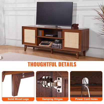 Rattan TV Stand for 75" TV with Built-in Socket, Walnut Finish, 3-Layer Storage