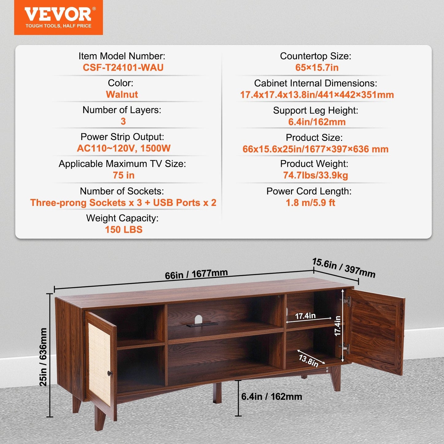 Rattan TV Stand for 75" TV with Built-in Socket, Walnut Finish, 3-Layer Storage