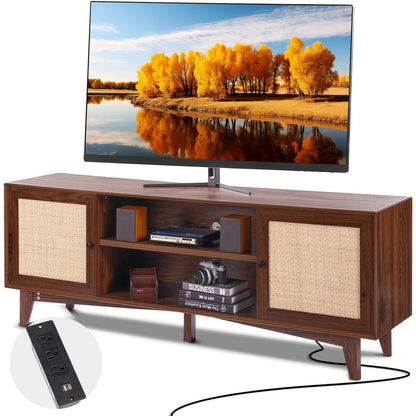 Rattan TV Stand for 75" TV with Built-in Socket, Walnut Finish, 3-Layer Storage