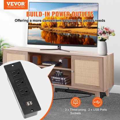Boho Rattan TV Stand for 1.9m TV with Built-in Sockets and Ample Storage