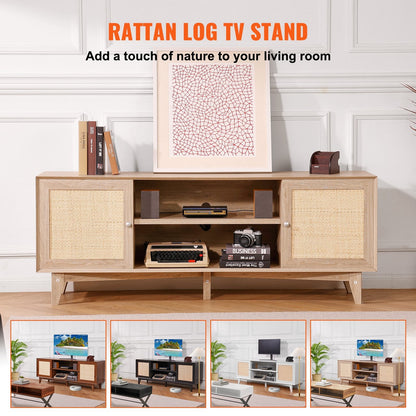 Boho Rattan TV Stand for 1.9m TV with Built-in Sockets and Ample Storage