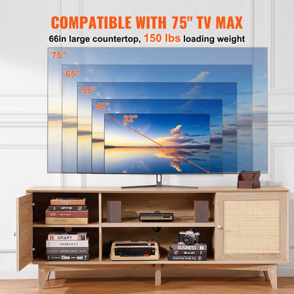 Boho Rattan TV Stand for 1.9m TV with Built-in Sockets and Ample Storage
